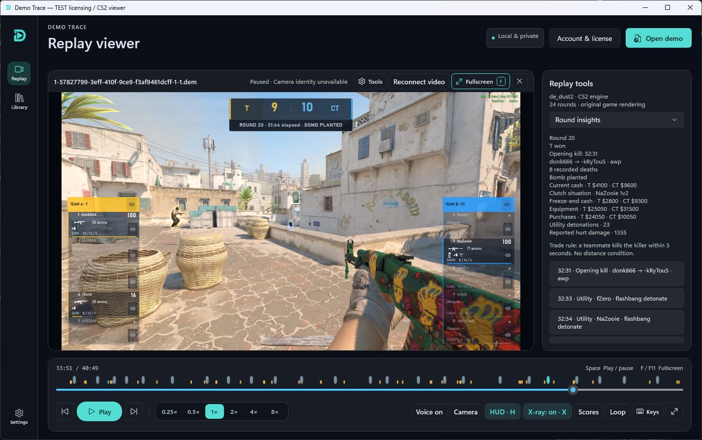 Приостановленный раунд Dust2 в Demo Trace с анализом раунда и списком событий на панели инструментов.